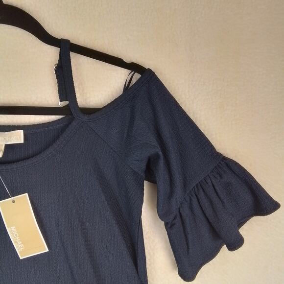 Michael Kors Womens Blouse Blue XS Boho Short Sleeve Cold Shoulder Ruffle‎ Navy - Picture 5 of 14